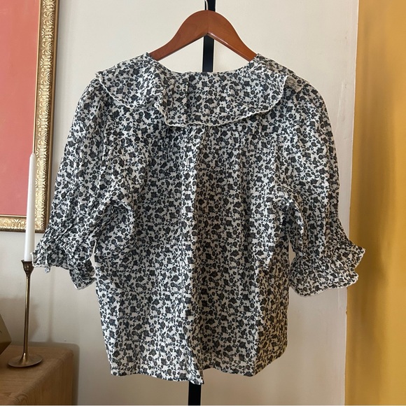 Madewell Ruffled Pintuck Puff-Sleeve Top Floral Vintage Ivory Boho NWT Size S - Picture 4 of 8